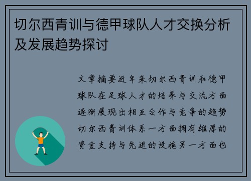 切尔西青训与德甲球队人才交换分析及发展趋势探讨